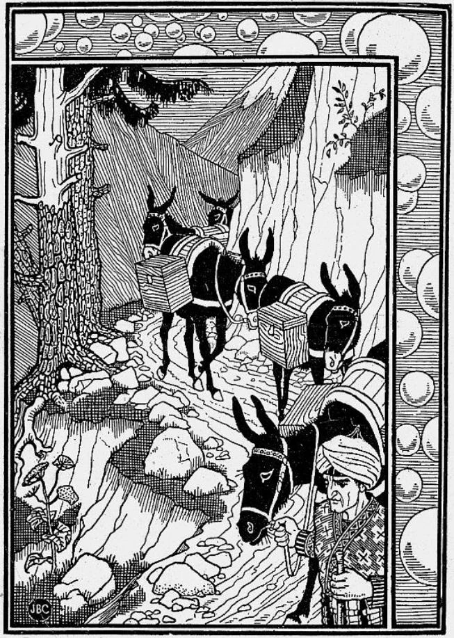 A pack of mules lead a man to the Conclave.